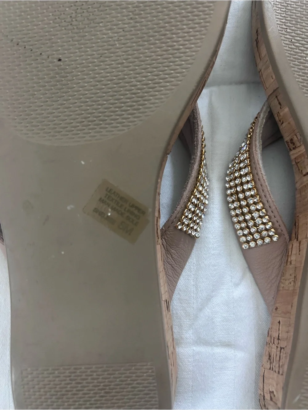 New Michelle D Sz8 Gold Rhinestone Thong Flip Flops with Cork Sides